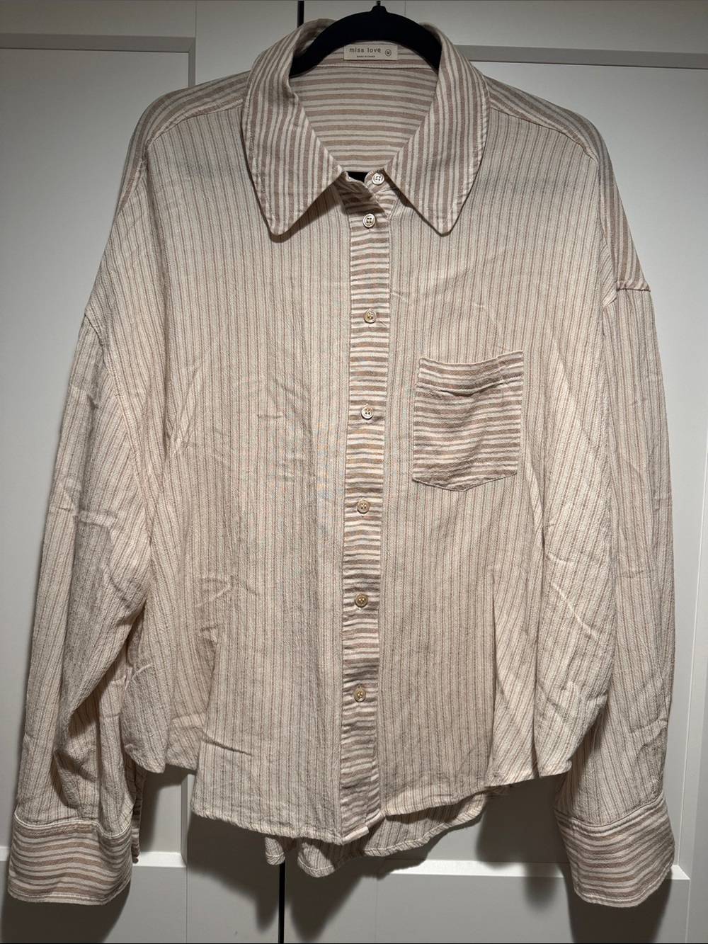 Miss Joy Beige & Cream Striped Cotton Button-Down Shirt